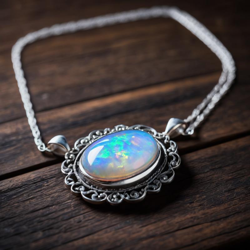 00365-A beautiful opal silver necklace on a polished wooden table, cinematic, award winning photograph, intricate detail.png